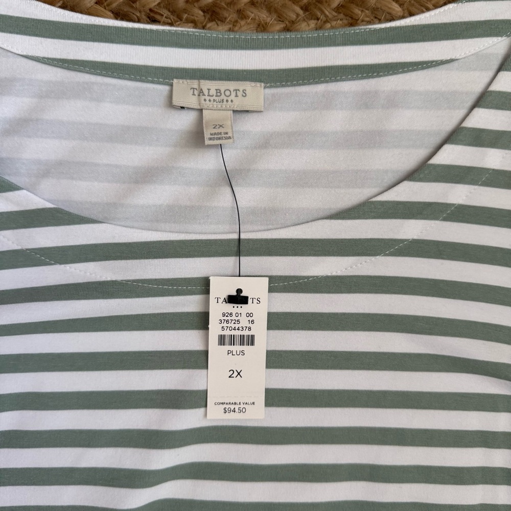 Talbots 2X Green & White Striped Soft, Flowy Rayon Blend Dress - Picture 2 of 4